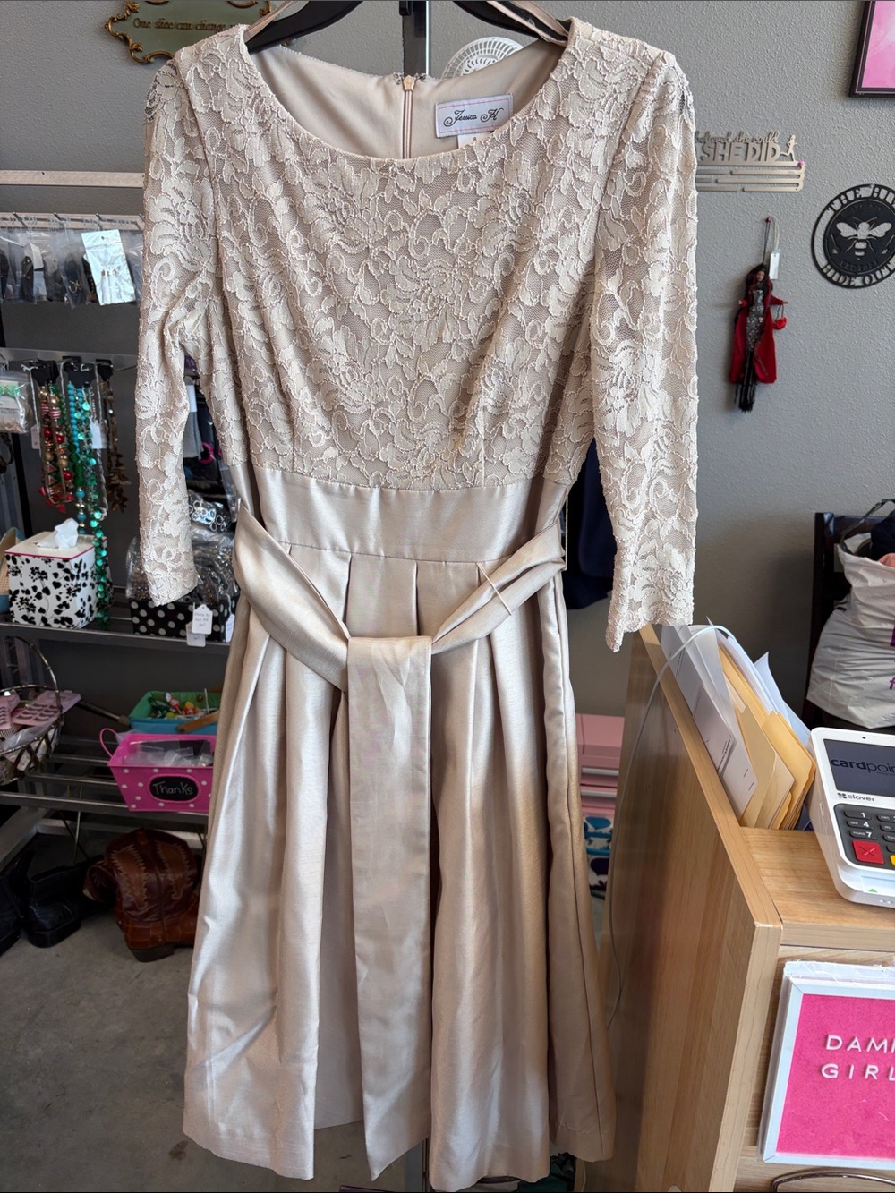 Elegant Beige Lace & Satin Midi Dress JUURRa